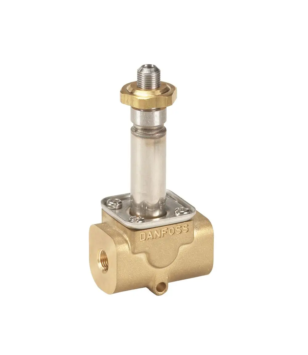 Magnetventil von Danfoss mit goldenem Gehäuse, transparentem Oberteil und gewindebasiertem Anschluss, geeignet für verschiedene Anwendungen in Fluid-Systemen.